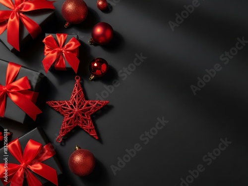 A stylish Christmas composition featuring black gift boxes wrapped with bright red ribbons, surrounded by red ornaments and decorative elements on a dark background.