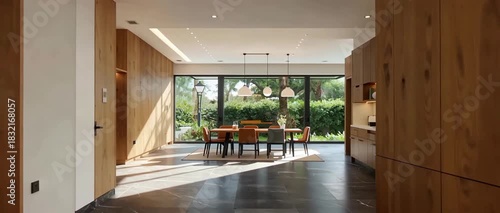 Elegant walkthrough of a modern home with wood interiors and sunlit dining area.