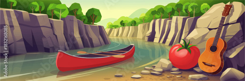 Summer river canyon landscape with red canoe, guitar and tomato on rocky shore, colorful camping adventure vector illustration