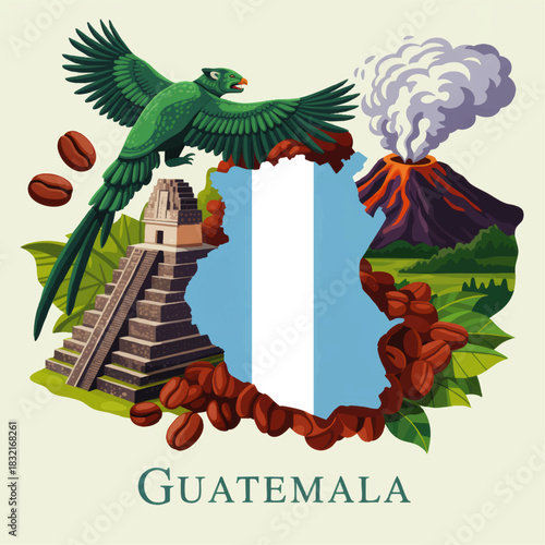 Guatemala travel illustration with flag map, quetzal bird, Mayan pyramid, volcano landscape and coffee beans, colorful tourism art