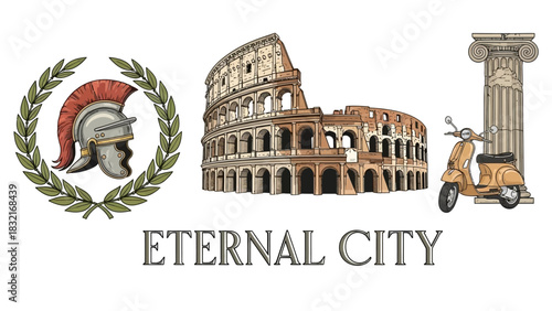 Historic Rome vector elements with laurel wreath, Colosseum, and scooter for Italy tourism branding