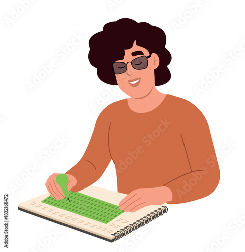 Woman wearing glasses writes in Braille using a green stencil and stylus on a spiral notebook. Vector flat illustration.