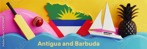 Antigua and Barbuda travel banner with flag map, yacht, pineapple, cricket bat and tropical summer beach elements on yellow