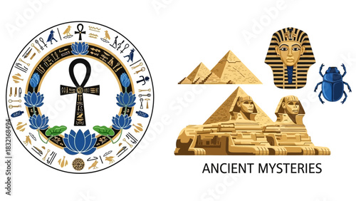 Mysterious Egypt vector elements with hieroglyph frame, Pyramid, and Pharaoh for history branding