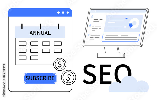Annual subscription calendar with subscribe button, dollar icons, monitor showing analytics for SEO. Ideal for marketing, subscriptions, analytics, strategy, optimization, finance cloud-based