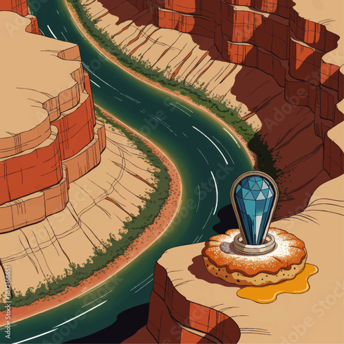 Fantasy canyon landscape with winding emerald river and glowing blue crystal relic on rocky desert cliff illustration