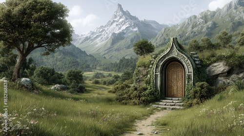 Enchanting adventure awaits at the mystical doorway in a breathtaking fantasy landscape filled with mountains, lush greenery, and a serene path leading to discovery