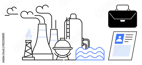 Industrial production. Depiction of factories with emissions, energy systems, and related job roles. Industrial production connects technology, employment, and energy systems. For industry