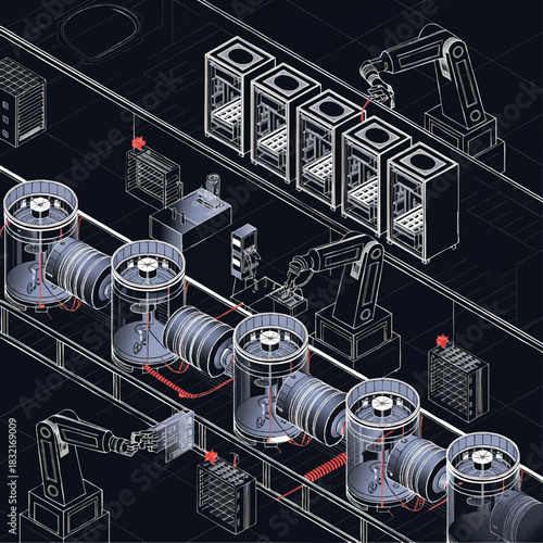 Isometric smart factory with industrial robots and automated conveyor line in futuristic dark blue high tech manufacturing plant