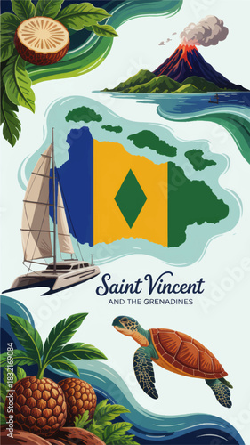 Saint Vincent and the Grenadines travel poster with island map flag volcano yacht sea turtle tropical fruit and lush Caribbean ocean