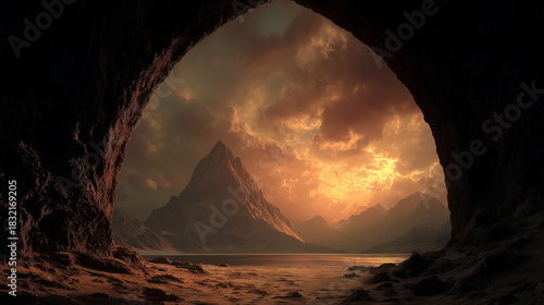 Stunning sunset view through a cave, showcasing majestic mountains and serene waters in a breathtaking fantasy landscape