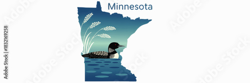 Minnesota state silhouette with common loon and lake scene, blue gradient map illustration of wildlife nature and travel destination design