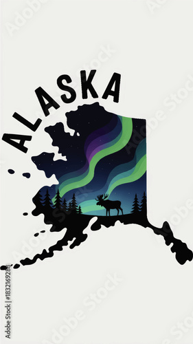 Alaska northern lights map silhouette with moose and evergreen forest, aurora borealis night sky travel artwork, vector illustration