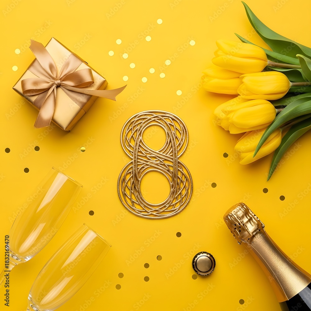 Fototapeta premium Golden number 8 with tulips, champagne, and gift for celebration