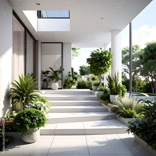 Modern Home Entrance with Lush Greenery and White Steps.