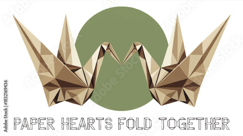 Geometric origami cranes forming heart shape with green circle sun, modern low poly love illustration with romantic message