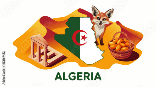 Algeria travel illustration with Sahara desert dunes, national map flag, fennec fox, Roman ruins and date fruit basket