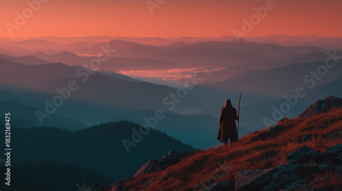 Epic adventure of a lone traveler standing on a mountain peak at sunset, surrounded by vast wilderness in a mystical world