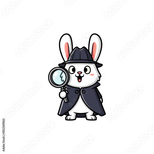 Cartoon rabbit detective with magnifying glass wearing hat and coat.