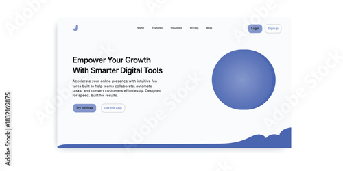A web page with a blue circle and text about empowering growth with digital tools and login signup