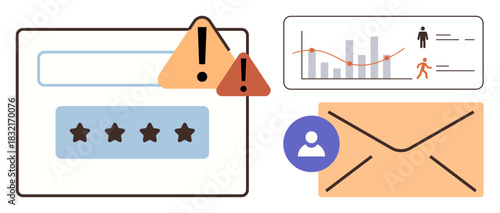 Login form with warning icons, rating stars, data graph, user icon, and email envelope. Ideal for cybersecurity, data analytics, notifications, communication alert systems user feedback digital