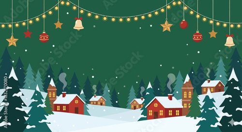 A charming illustration of a snowy winter village at night, adorned with festive Christmas lights, bells, and stars, surrounded by snow-covered evergreen trees and cozy red-roofed houses.