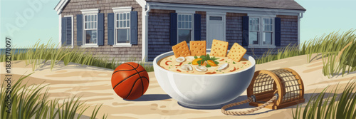 Coastal cottage illustration with clam chowder bowl, crackers, lobster trap and basketball on sandy beach dunes at seaside house