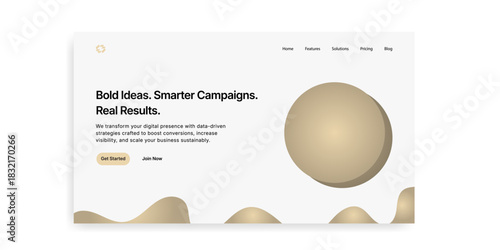 Website landing page with bold text and a sphere shape and navigation menu at the top right corner