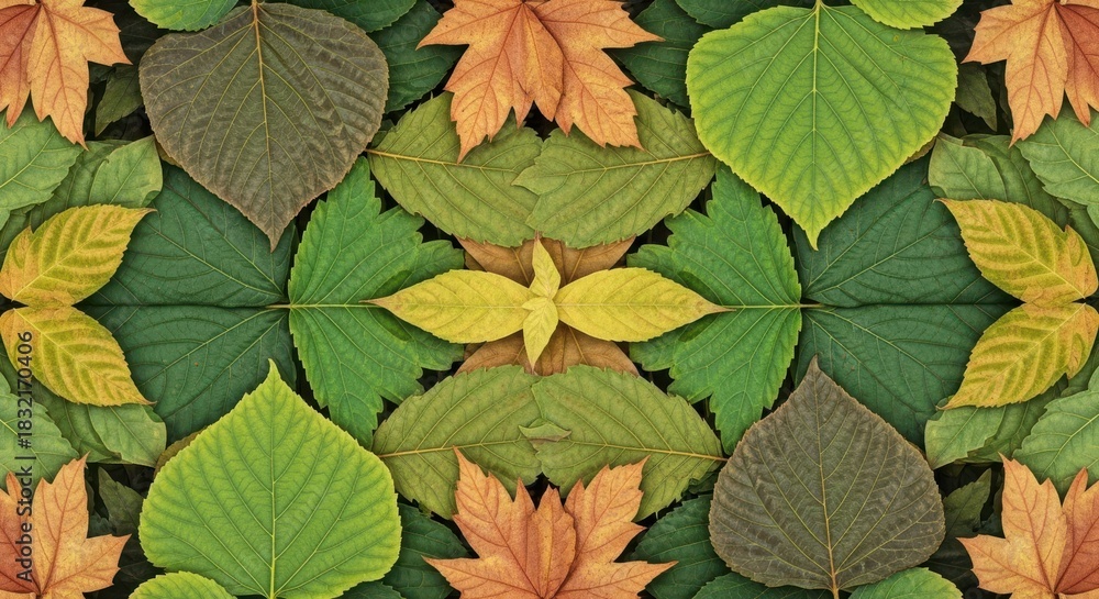 Obraz premium Colorful Autumn Leaves Background with Symmetrical Arrangement and Nature Theme