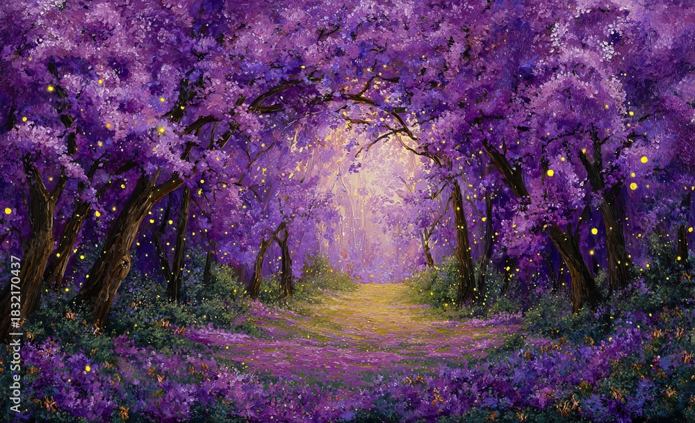 Naklejka premium Enchanted purple forest path with glowing lights trees