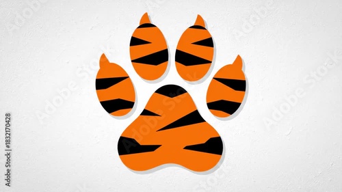 Tiger Paw Print Illustration on White Background, Wild Animal Footprint with Orange and Black Stripes.