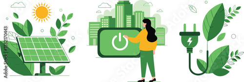 Eco energy illustration, renewable power concept, solar panel and green city, sustainable electricity, clean energy technology, environmental friendly design, green power solutions