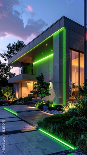 Modern house exterior with green lighting at dusk, minimalist design.