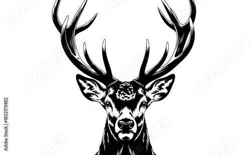 Monochrome deer head illustration with large antlers in grunge style