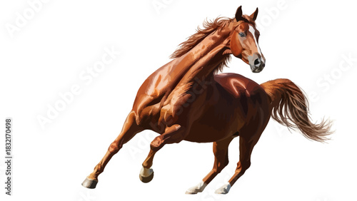 Beautiful chestnut horse galloping freely on a white background