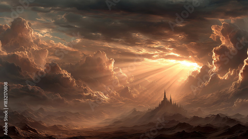 Epic fantasy sunset reveals a mysterious castle in a rugged landscape, inviting adventurers to explore its hidden secrets and ancient legends