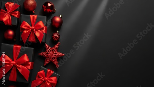 A stylish Christmas composition featuring black gift boxes wrapped with bright red ribbons, surrounded by red ornaments and decorative elements on a dark background.