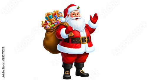 Cheerful Santa Claus waving with a bag full of gifts ready to deliver Christmas joy to children worldwide