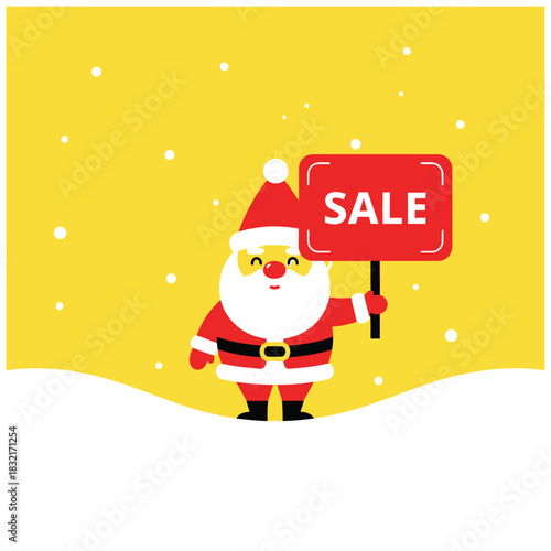 Minimalist cartoon Santa Claus holding a red SALE sign in a snowy scene with bright yellow background and playful design