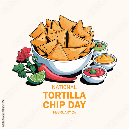 National Tortilla Chip Day vector. Chips and dips vector. Bowl of corn chips and garnish icon vector. Nachos tortilla chips and salsa sauce illustration. February 24. Important day