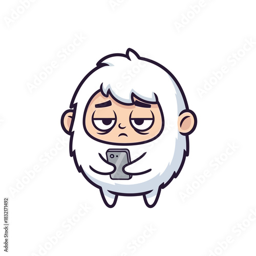 Sad Yeti Character Using Smartphone with a Disappointed Expression.