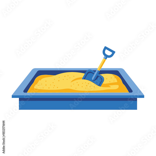 a brightly colored sandbox filled with golden sand and a single blue shovel sticking into the material is displayed high quality
