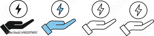 Energy support icons, renewable power concept, electricity in hand illustration, sustainability symbol set, clean energy graphics, eco power assistance design elements for digital use