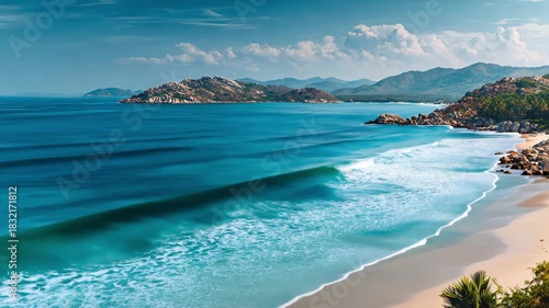 Tropical azure ocean waves rolling onto a sandy beach and rocks