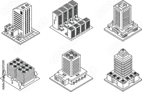 Isometric data center and server building illustrations, modern cooling infrastructure, technology facility architecture, digital infrastructure icons, high-tech computing structures, scalable 