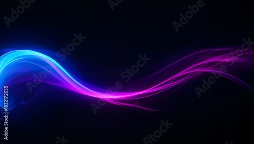 Abstract wavy neon light streaks in blue and purple on black background
