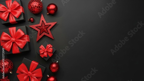 A stylish Christmas composition featuring black gift boxes wrapped with bright red ribbons, surrounded by red ornaments and decorative elements on a dark background.