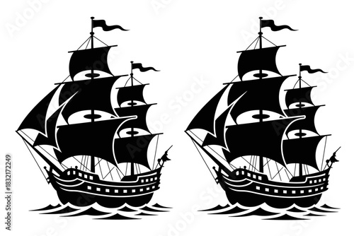 Pirate Ship Silhouette Illustration – Vintage Sailing Ship with Large Sails in Black and White.