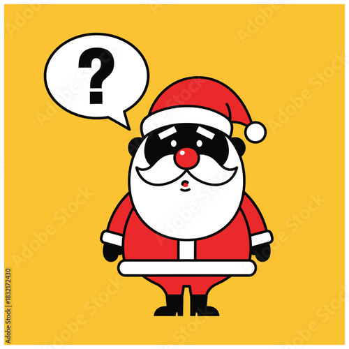 Minimalist cartoon Santa Claus with white beard and red suit looking curious with question mark in speech bubble on yellow background