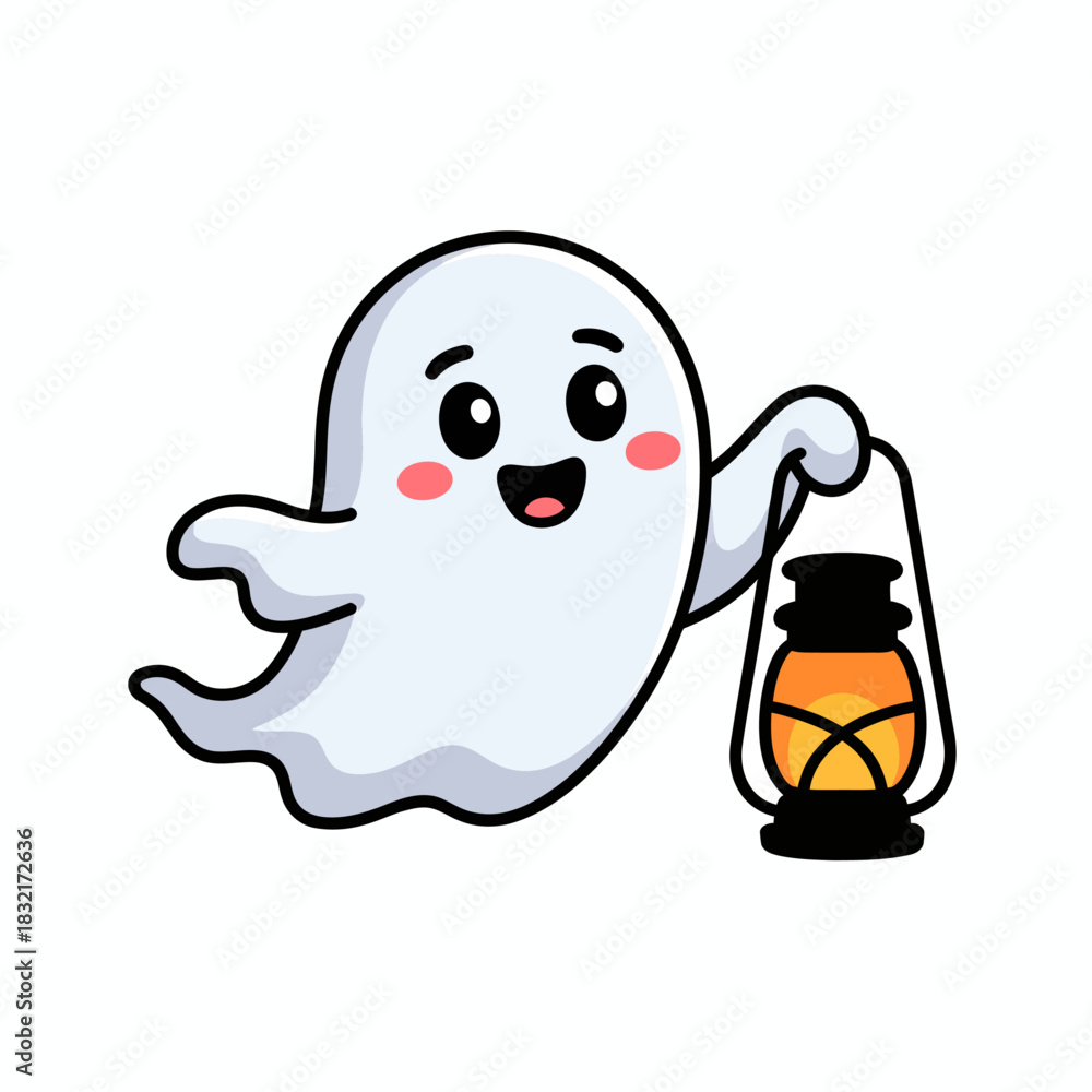 Obraz premium Cute Halloween Ghost Illustration – Happy Ghost Holding a Glowing Lantern Cartoon Design.